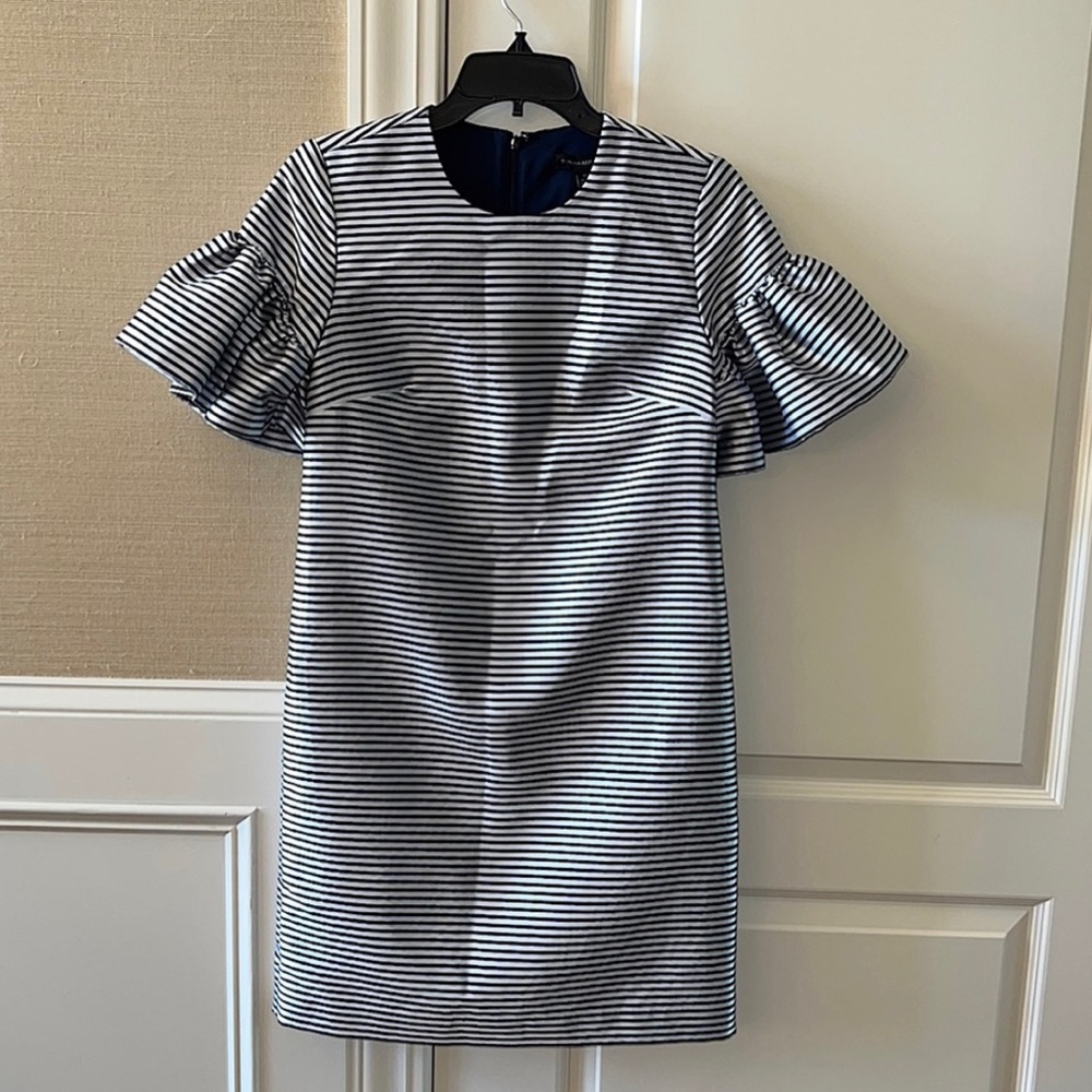 Banana Republic navy and white strip dress with Ruffle at sleeve